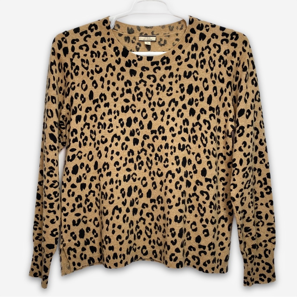 J. Crew Women's Tan Black Animal Print 100% Cashmere Long Sleeve Knit Sweater XL